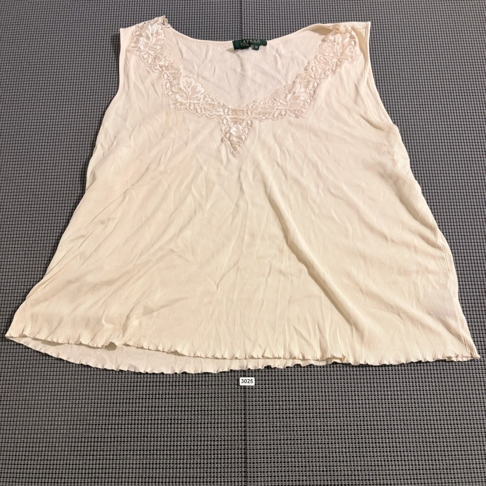 Lauren Ralph Lauren Womens 3X Cream Ribbed Lace Trim Sleeveless V-Neck Top